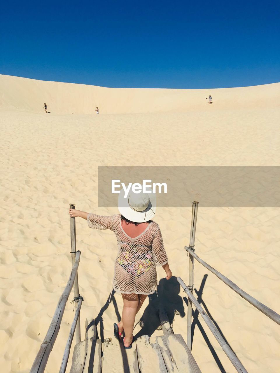 Rear view of person in desert against sky