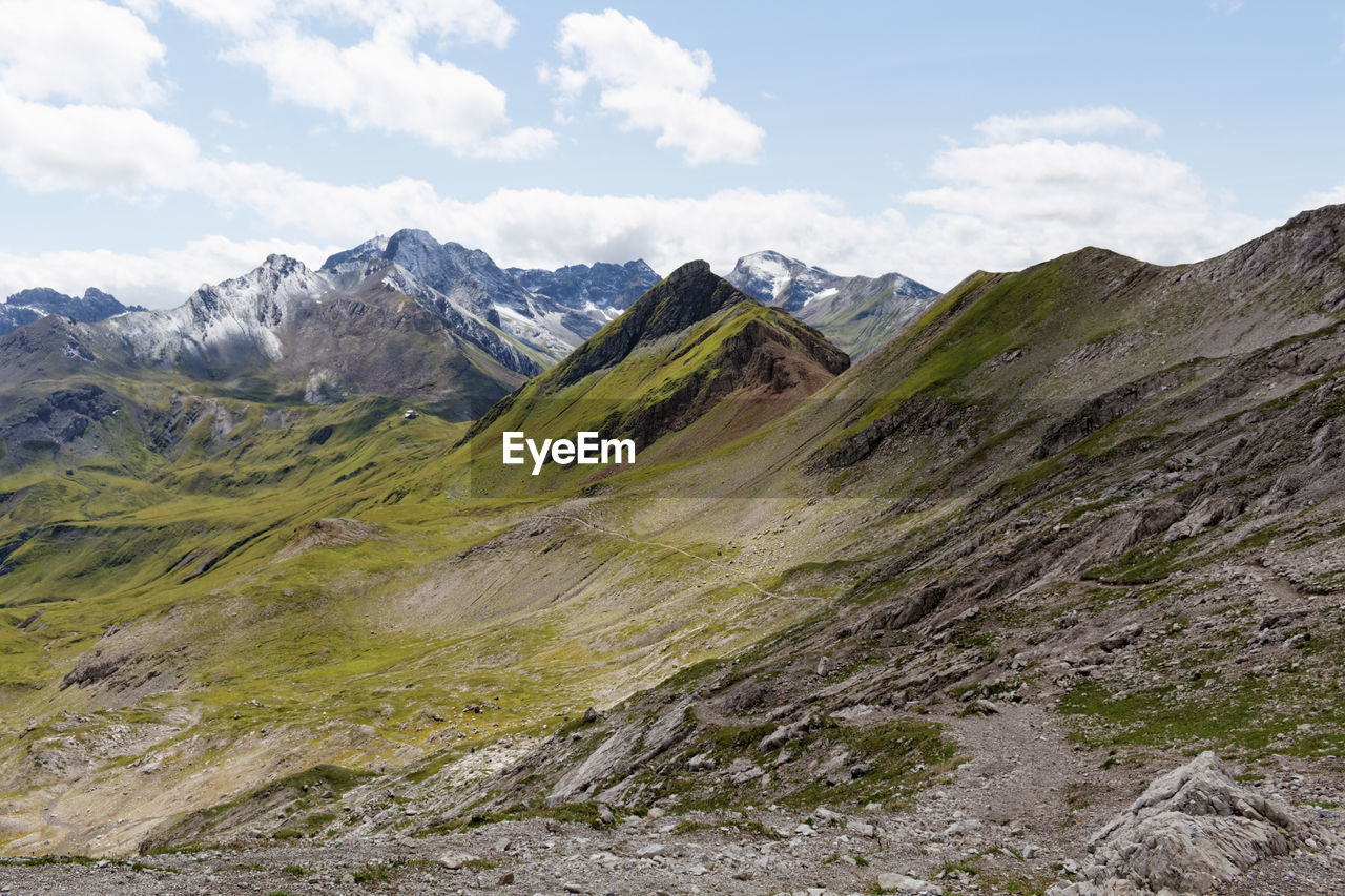 Scenic view of mountains against cloudy sky