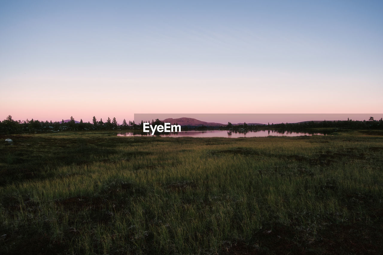 Meadow and lake with mountain in the background at sunset