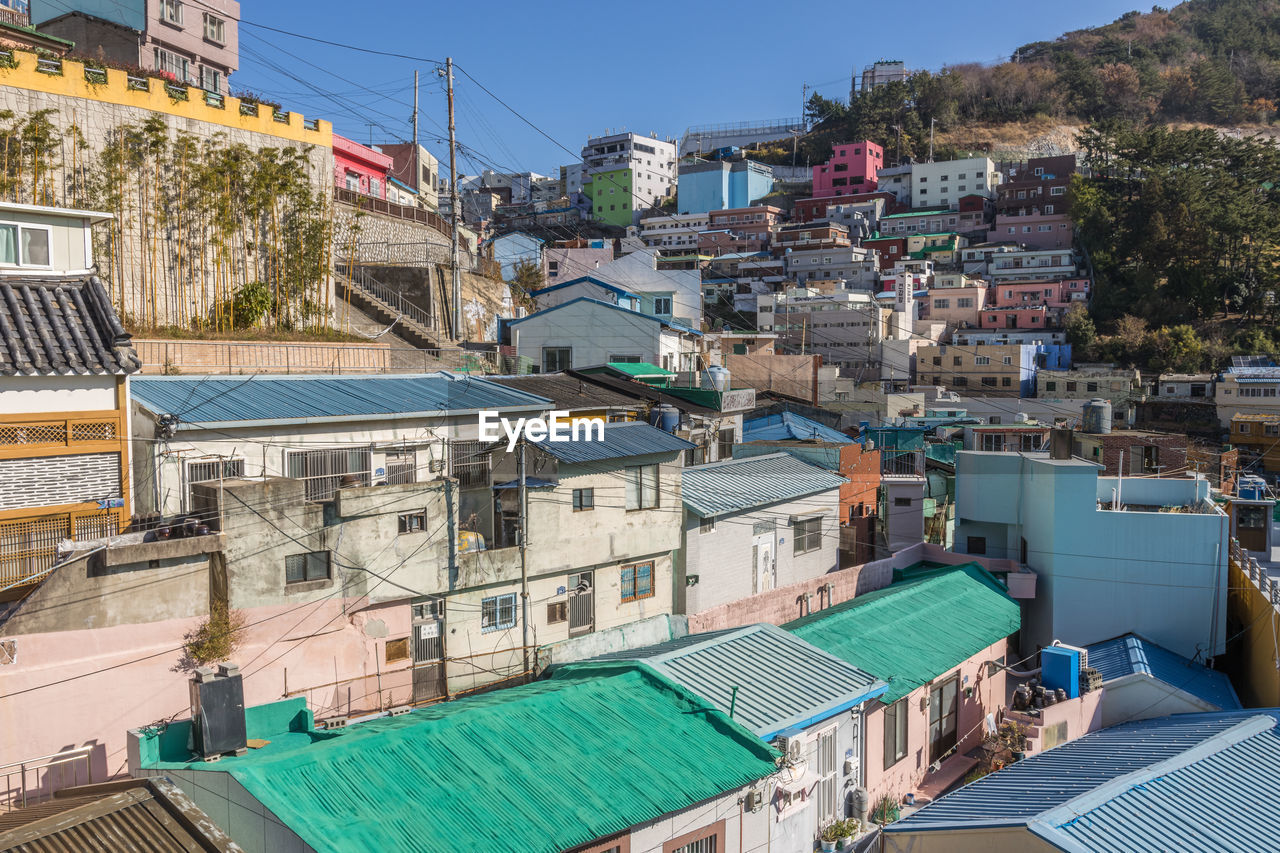 architecture, town, building exterior, built structure, city, building, nature, neighbourhood, vacation, water, residential district, house, roof, travel destinations, high angle view, travel, sky, urban area, outdoors, day, cityscape, no people, tourism, sunny, clear sky, residential area, street, blue, land, sunlight