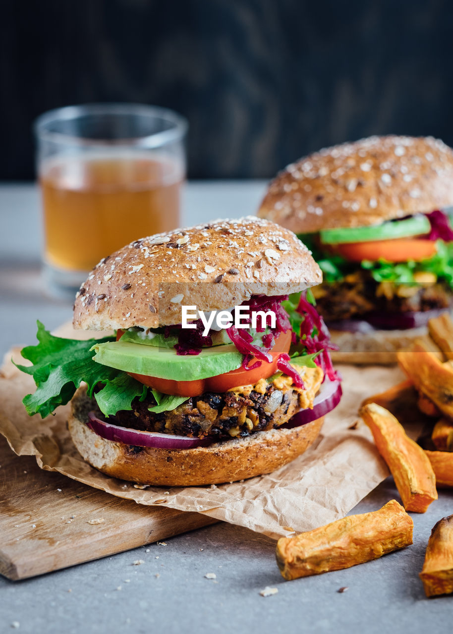 Close-up of burger with french fries