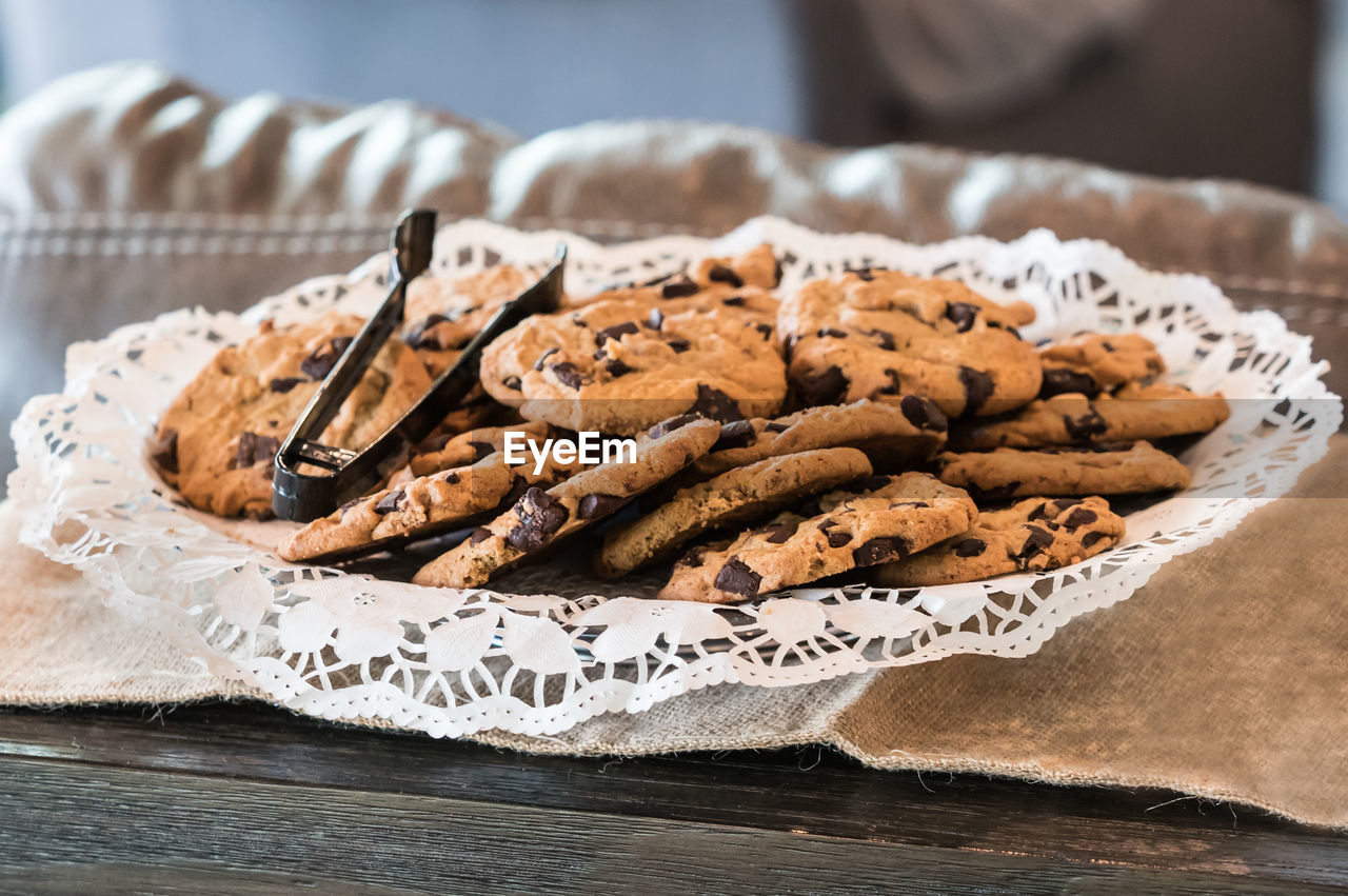 Close-up of chocolate chip cookies on table