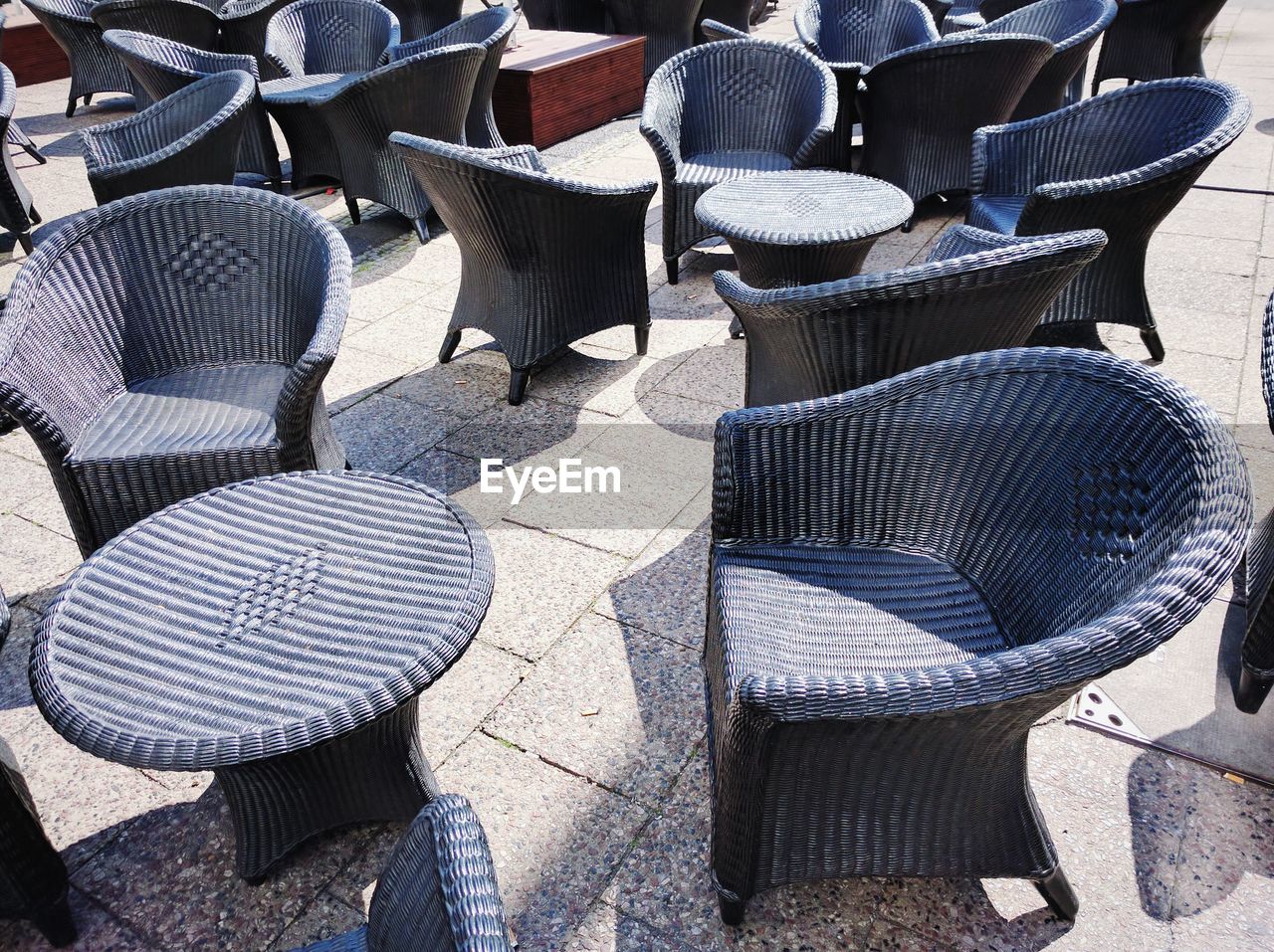 High angle view of many empty chairs due to corona pandemic