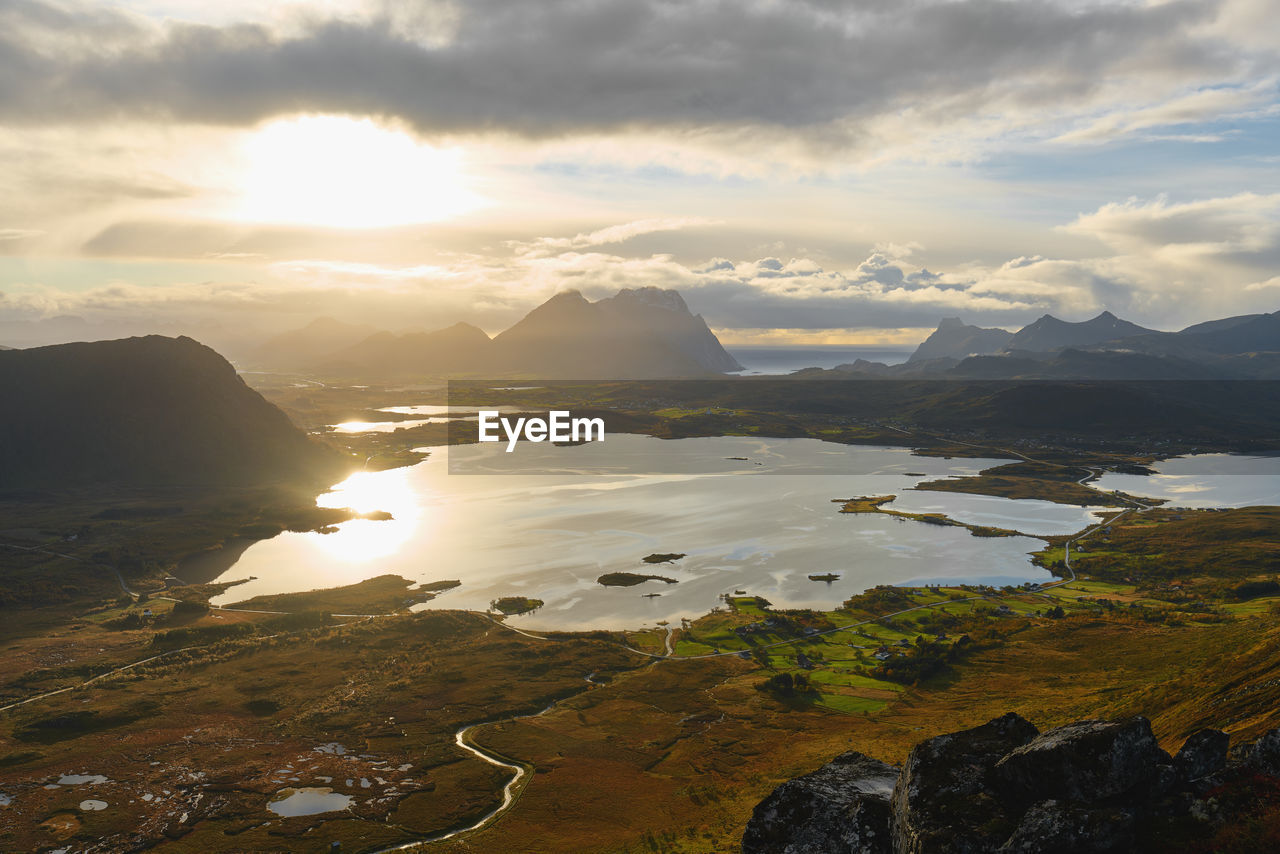 Aerial view of landscape, sea and mountains during sunset on moskenesoya lofoten north norway