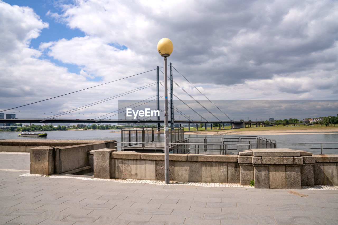 Bridge over the river rhine rheinkniebrücke in düsseldorf from a bird's eye view, drone photography