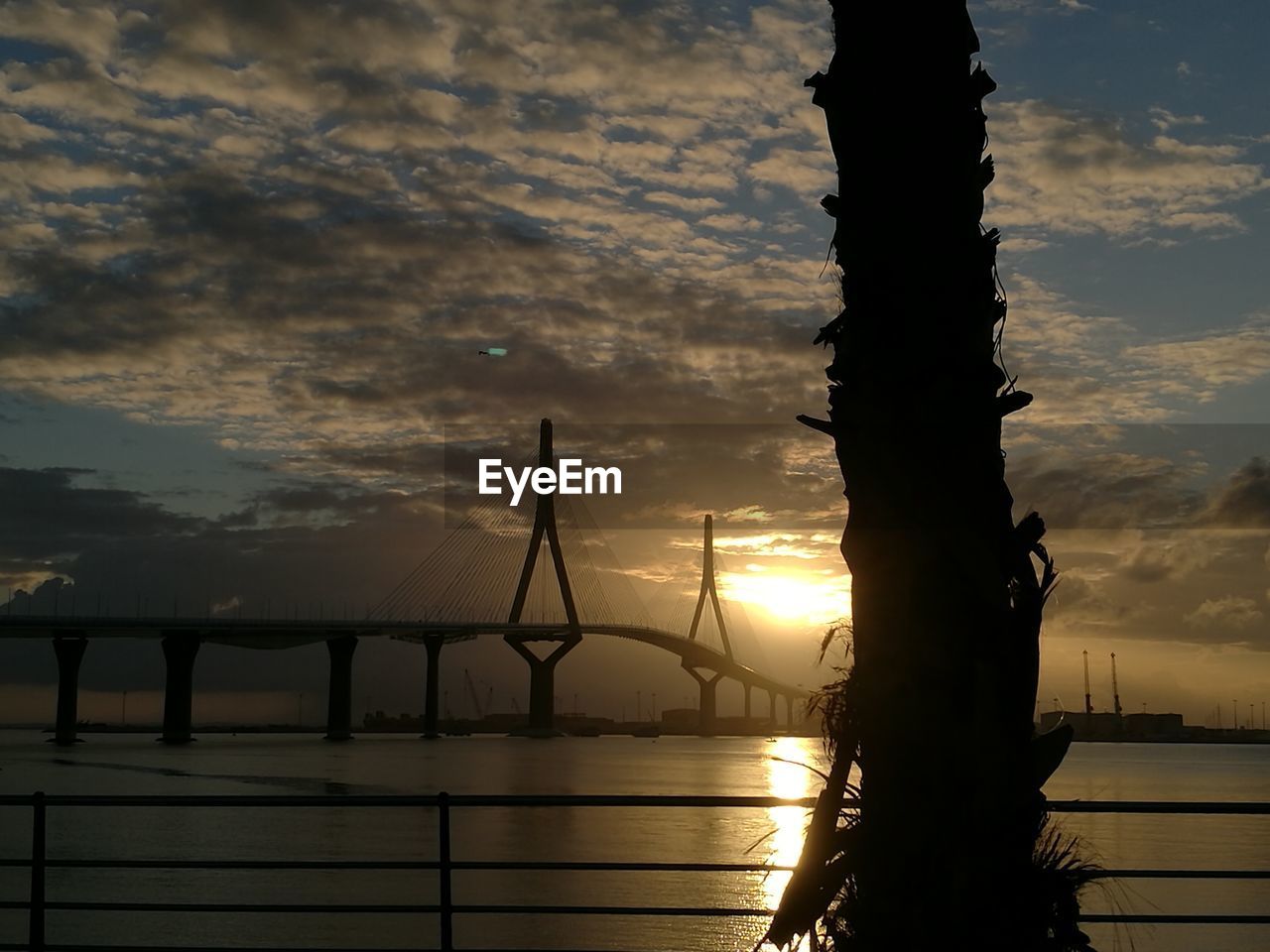 Silhouette of suspension bridge during sunset