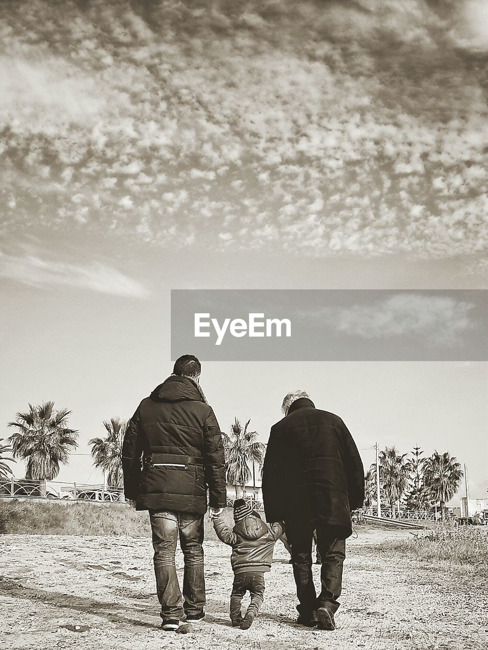 Rear view of family walking on field against sky