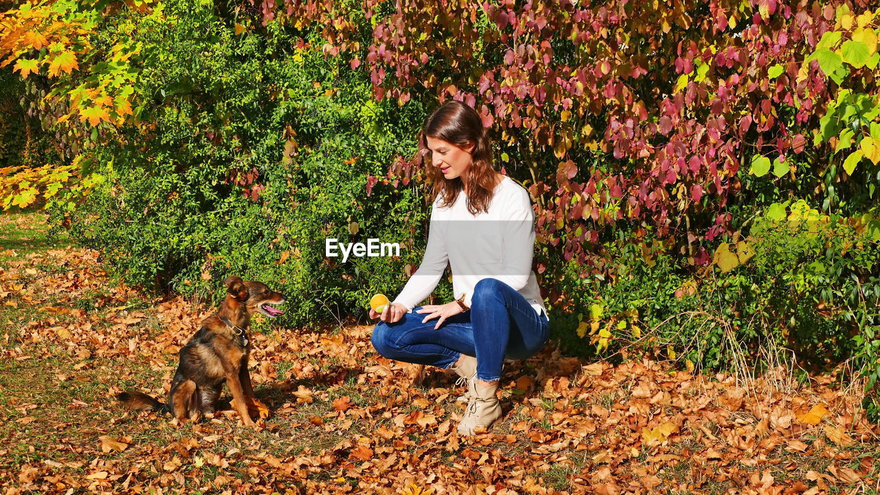Woman with dog on field during autumn