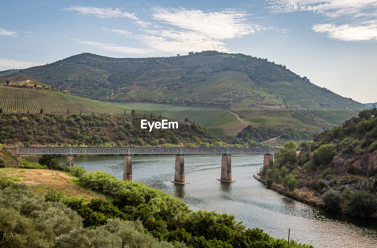 BRIDGE OVER RIVER AGAINST MOUNTAINS