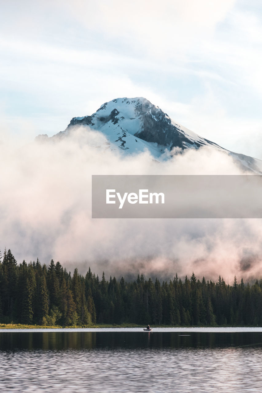 Scenic view of lake by snowcapped mountains against sky