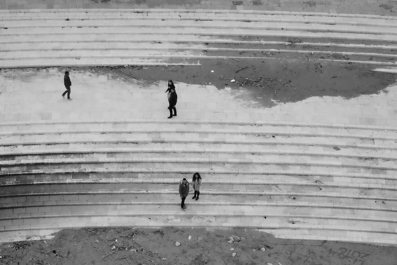 High angle view of people on steps