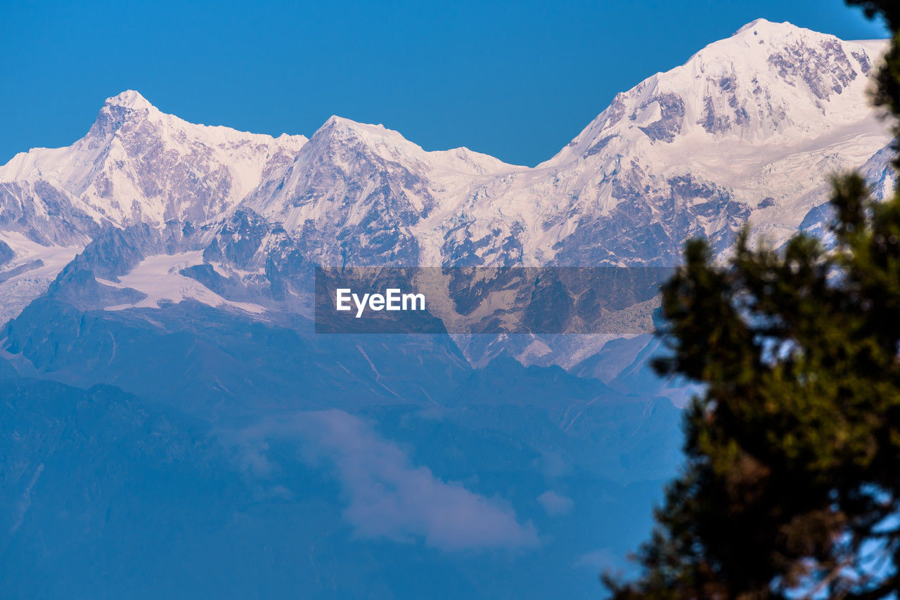 mountain, snow, mountain range, scenics - nature, nature, cold temperature, winter, beauty in nature, environment, sky, snowcapped mountain, landscape, tree, mountain peak, plant, blue, coniferous tree, pinaceae, pine tree, travel destinations, travel, no people, land, wilderness, tranquility, clear sky, pine woodland, tranquil scene, outdoors, ridge, day, tourism, ice, forest, summit, non-urban scene