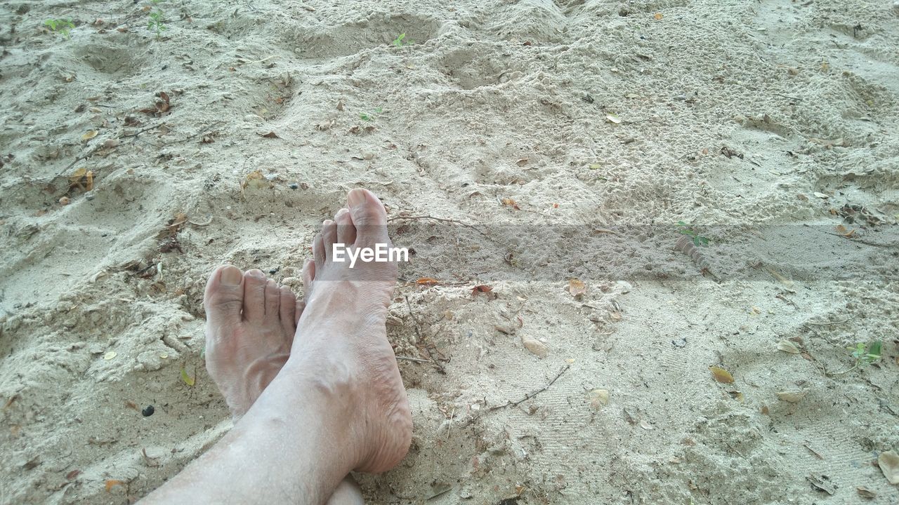 Low section of person legs on sand at beach