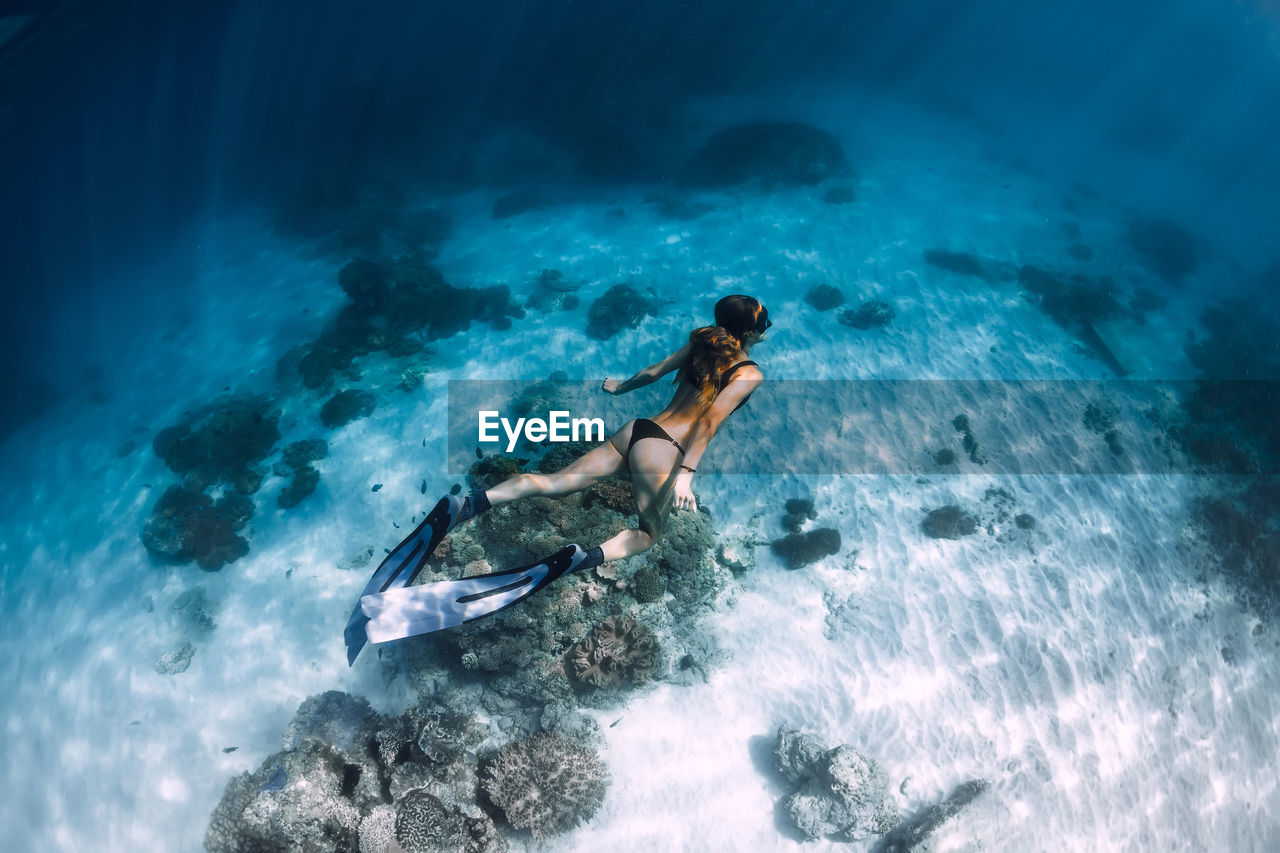 high angle view of man swimming in pool