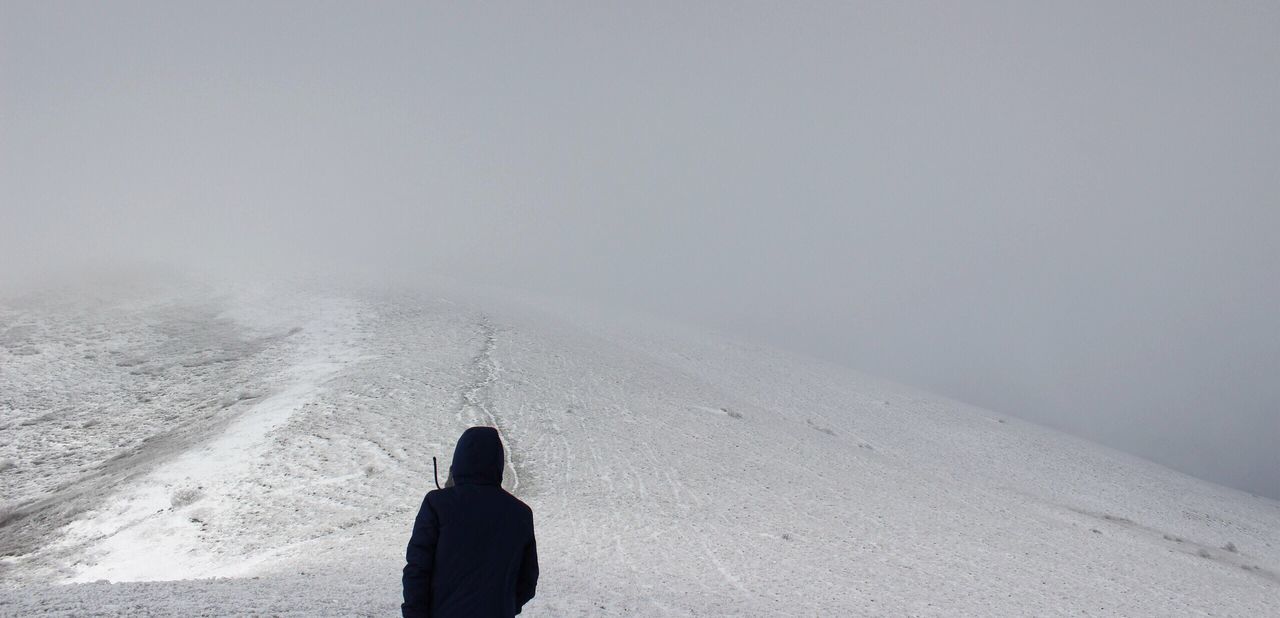 Rear view of person standing on snow covered landscape