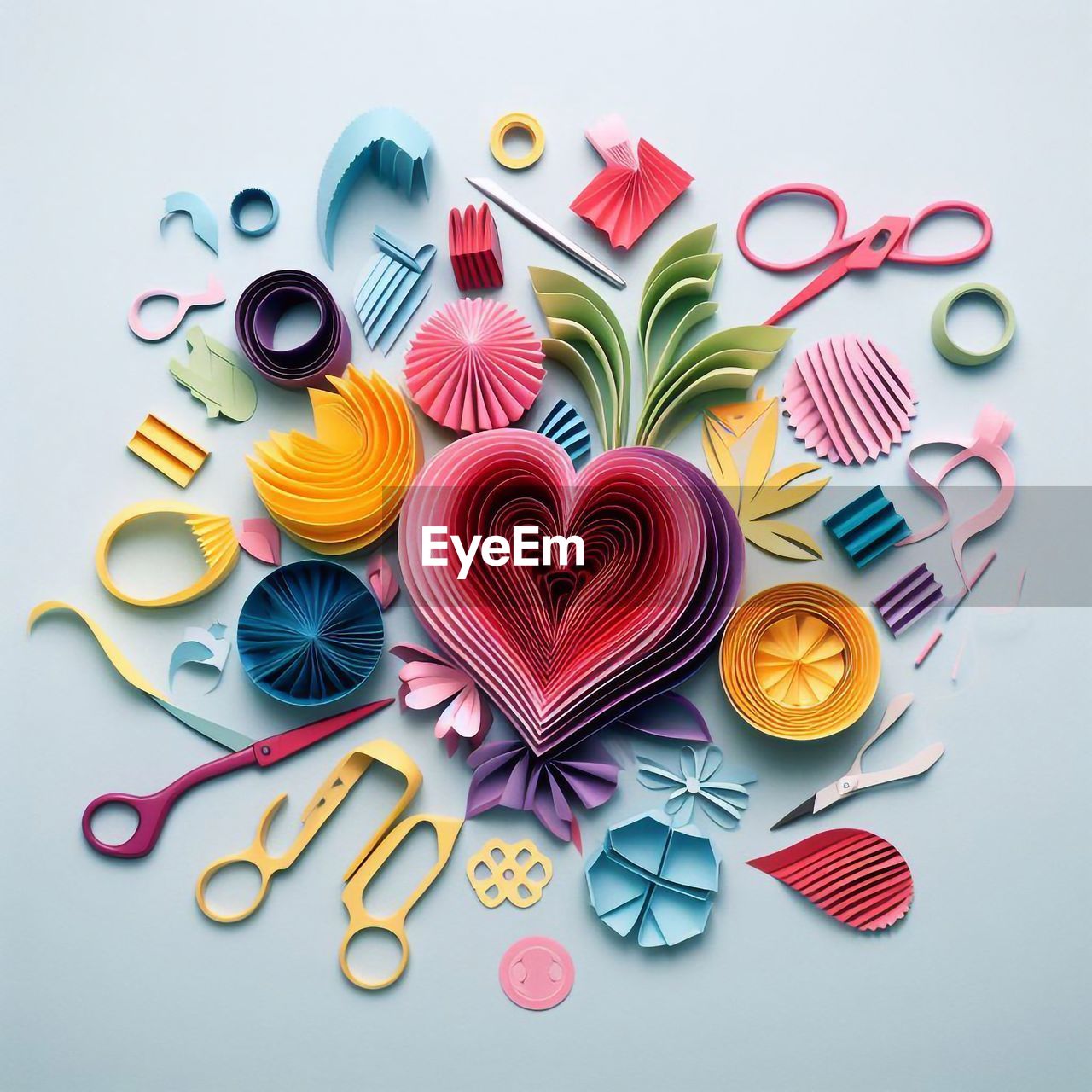 multi colored, studio shot, large group of objects, variation, heart shape, art, indoors, still life, creativity, knolling - concept, heart, no people, font, food and drink, directly above, food, high angle view, flower, love, circle, petal, positive emotion, sweet food, emotion, abundance, arrangement, scissors, paper