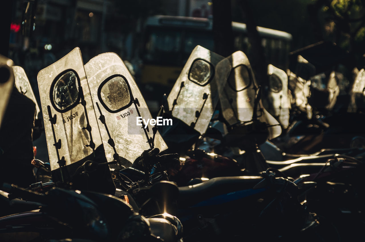 Motorcycles parked on city street