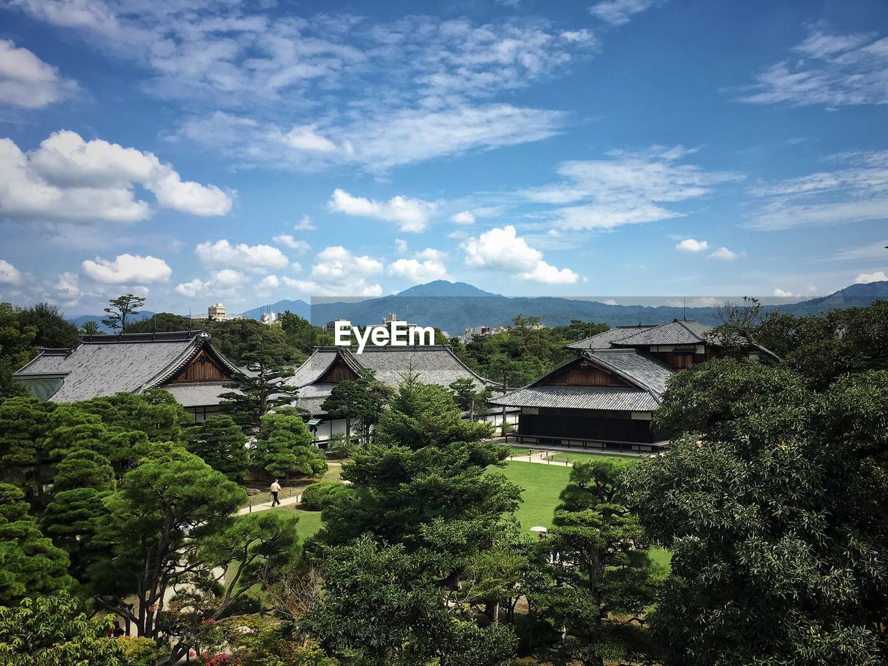 High angle view of houses against cloudy sky