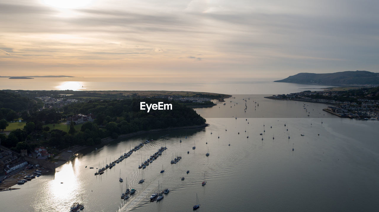 HIGH ANGLE VIEW OF SEA AGAINST SKY DURING SUNSET