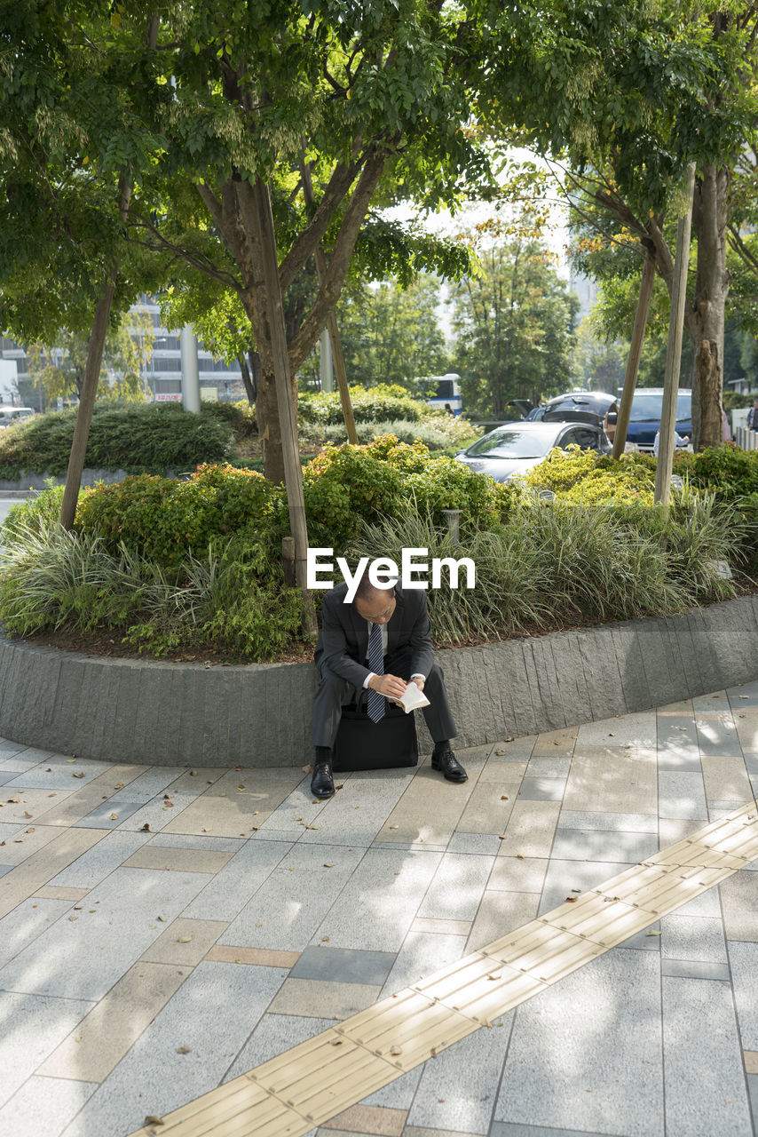 WOMAN SITTING ON SEAT AMIDST TREES