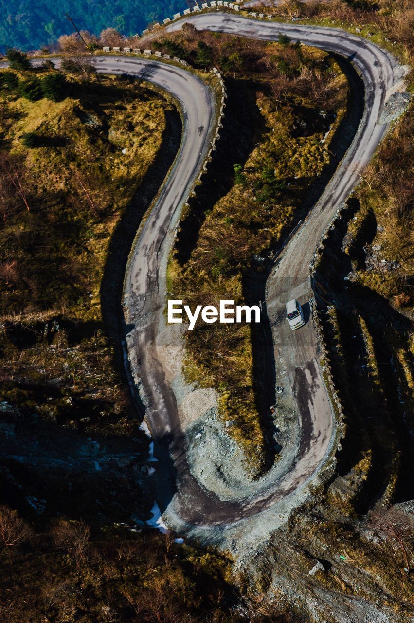 High angle view of car on mountain road