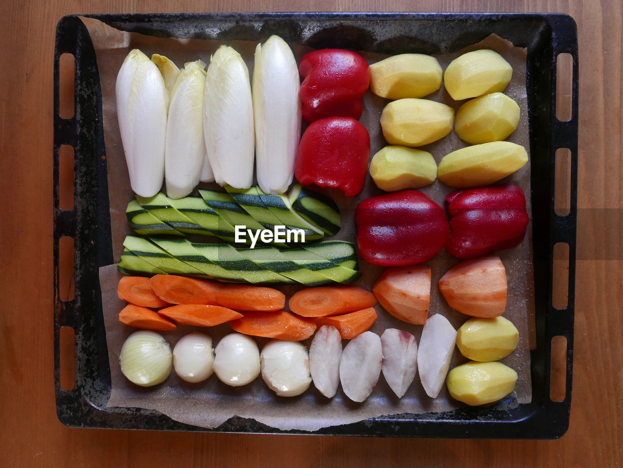 High angle view of vegetables in plate on table