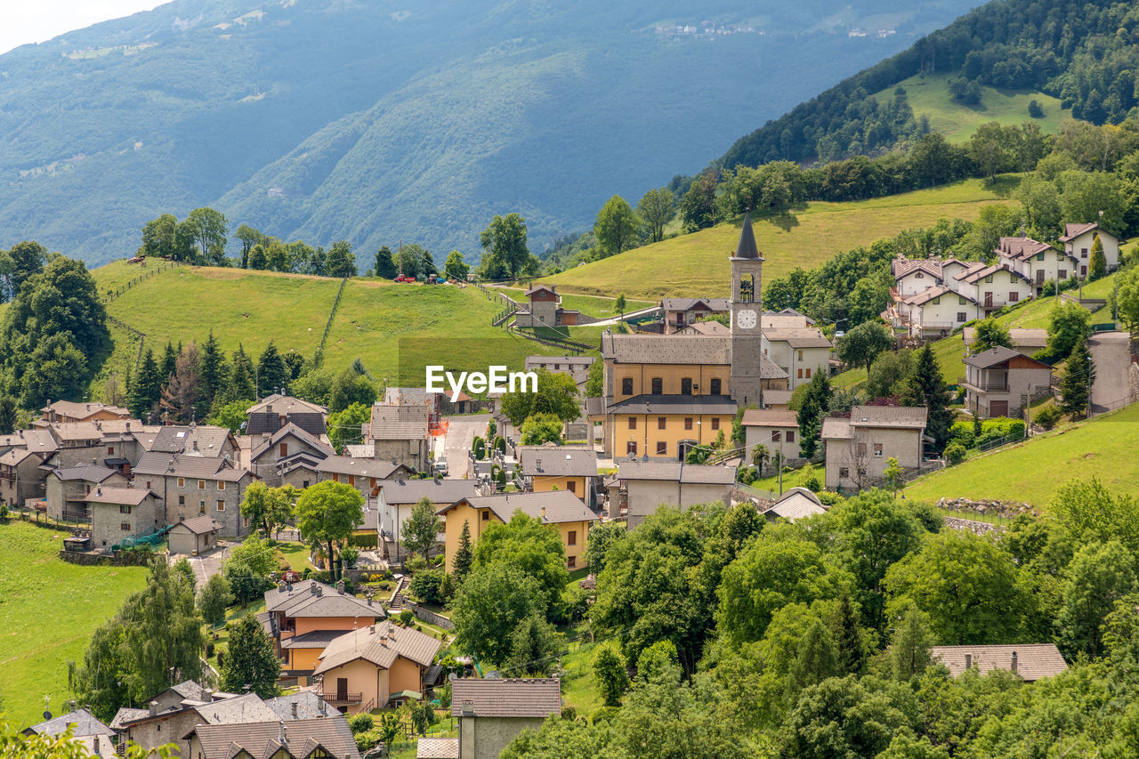 Panoramic overview of brumano town and surrounding area, bergamo province, italy