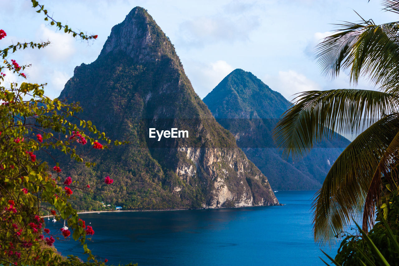 Scenic view of lake by mountains against sky