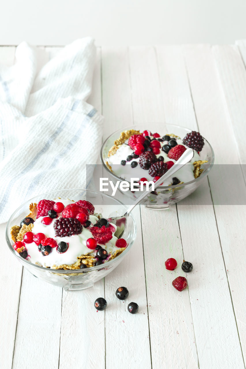HIGH ANGLE VIEW OF BREAKFAST ON TABLE AGAINST WHITE BACKGROUND