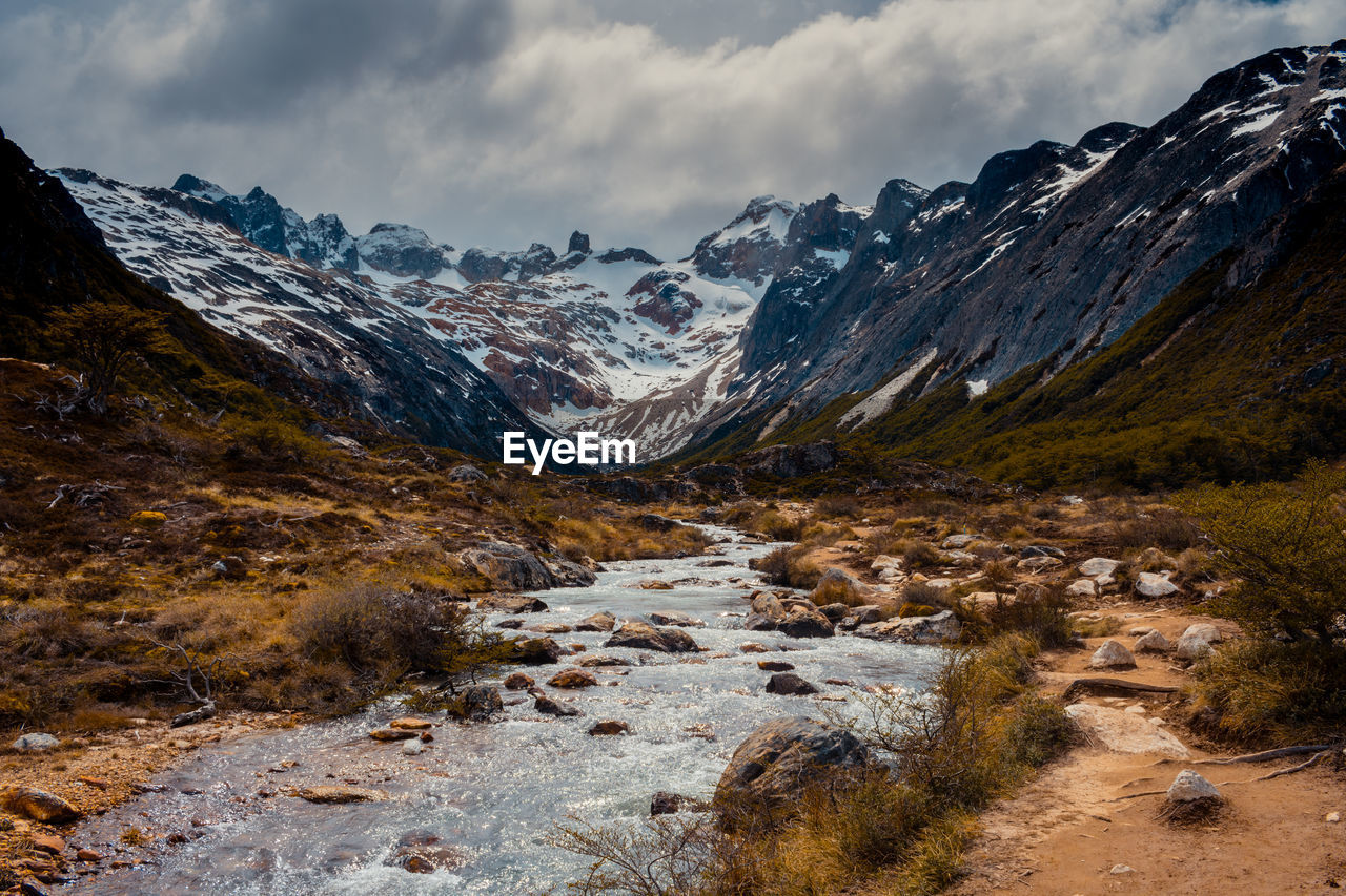 Scenic view of snowcapped mountains against sky during winter