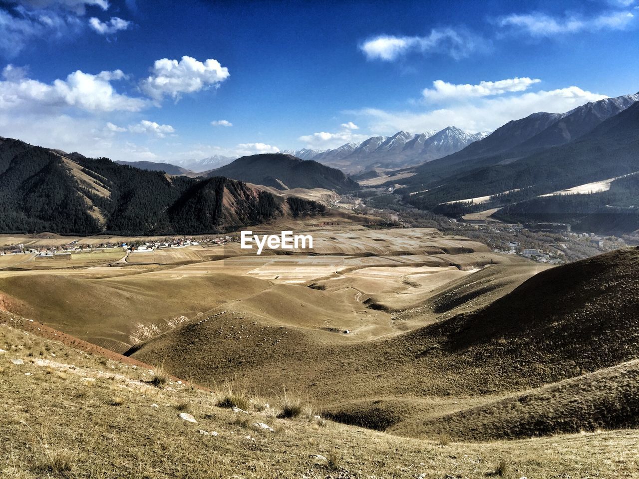 Scenic view of mountains and field against sky