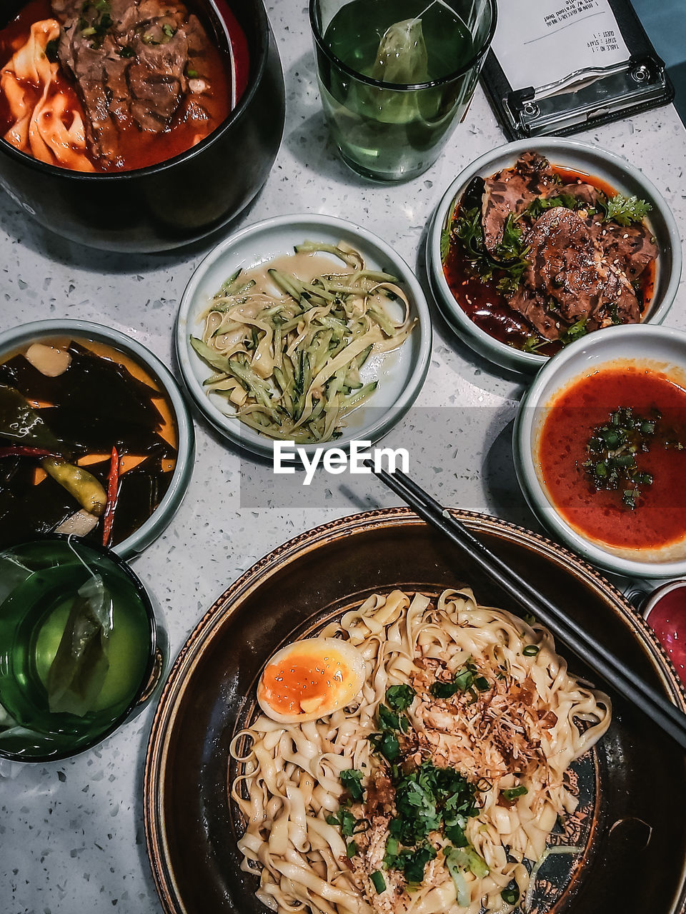 High angle view of food served on table