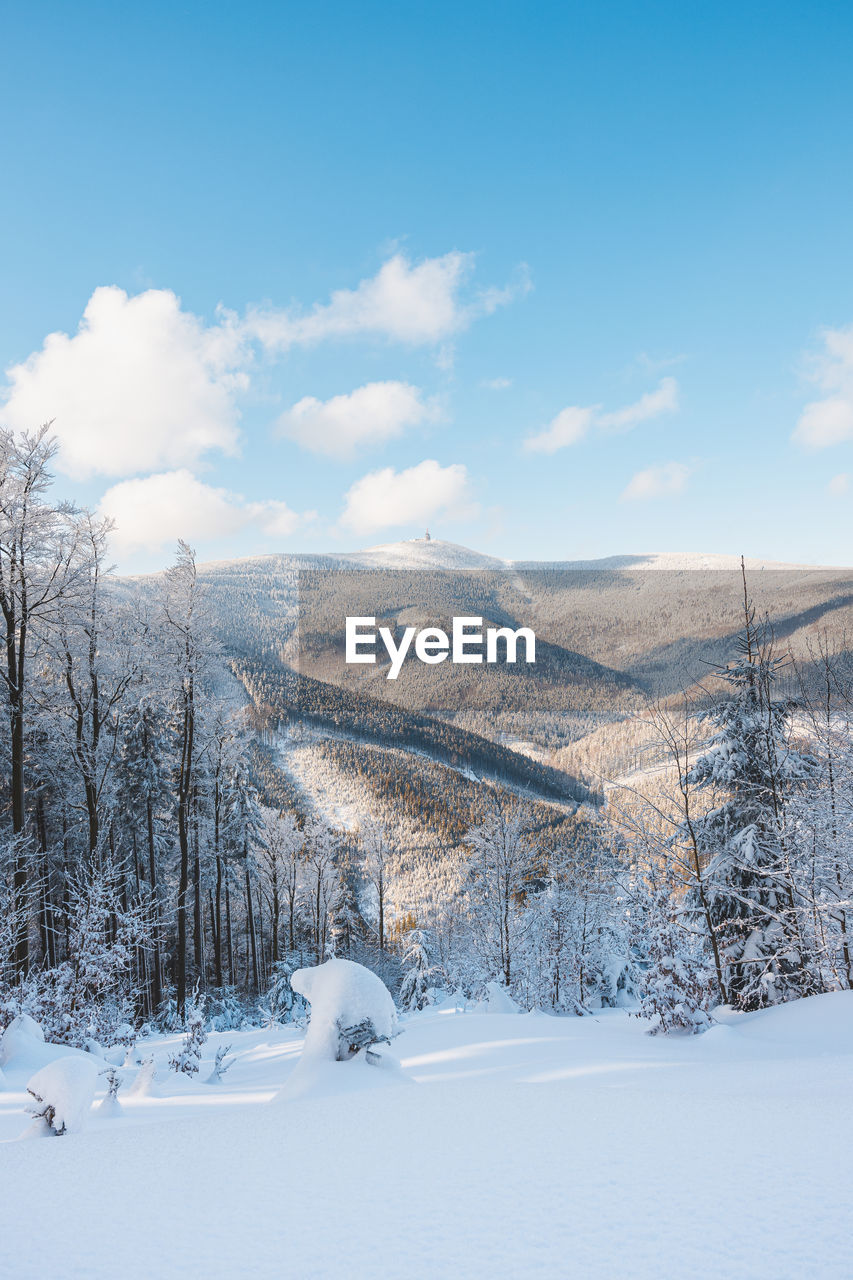high angle view of snow covered landscape against sky