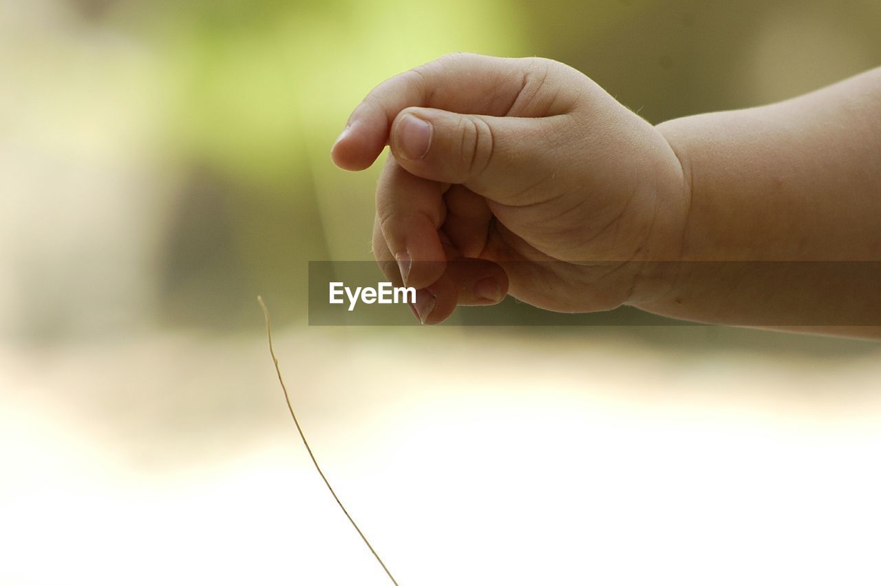 Cropped hand of baby touching straw