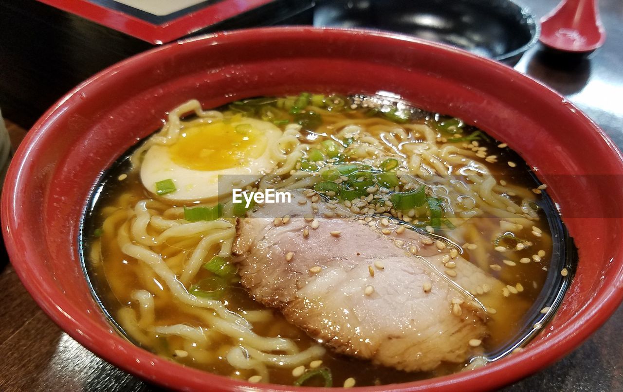 High angle view of soup in bowl