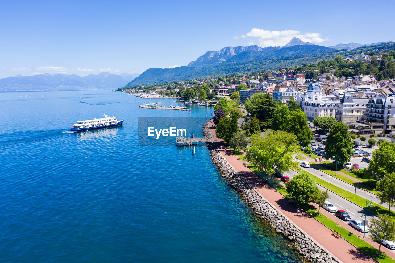 high angle view of boats in sea against sky