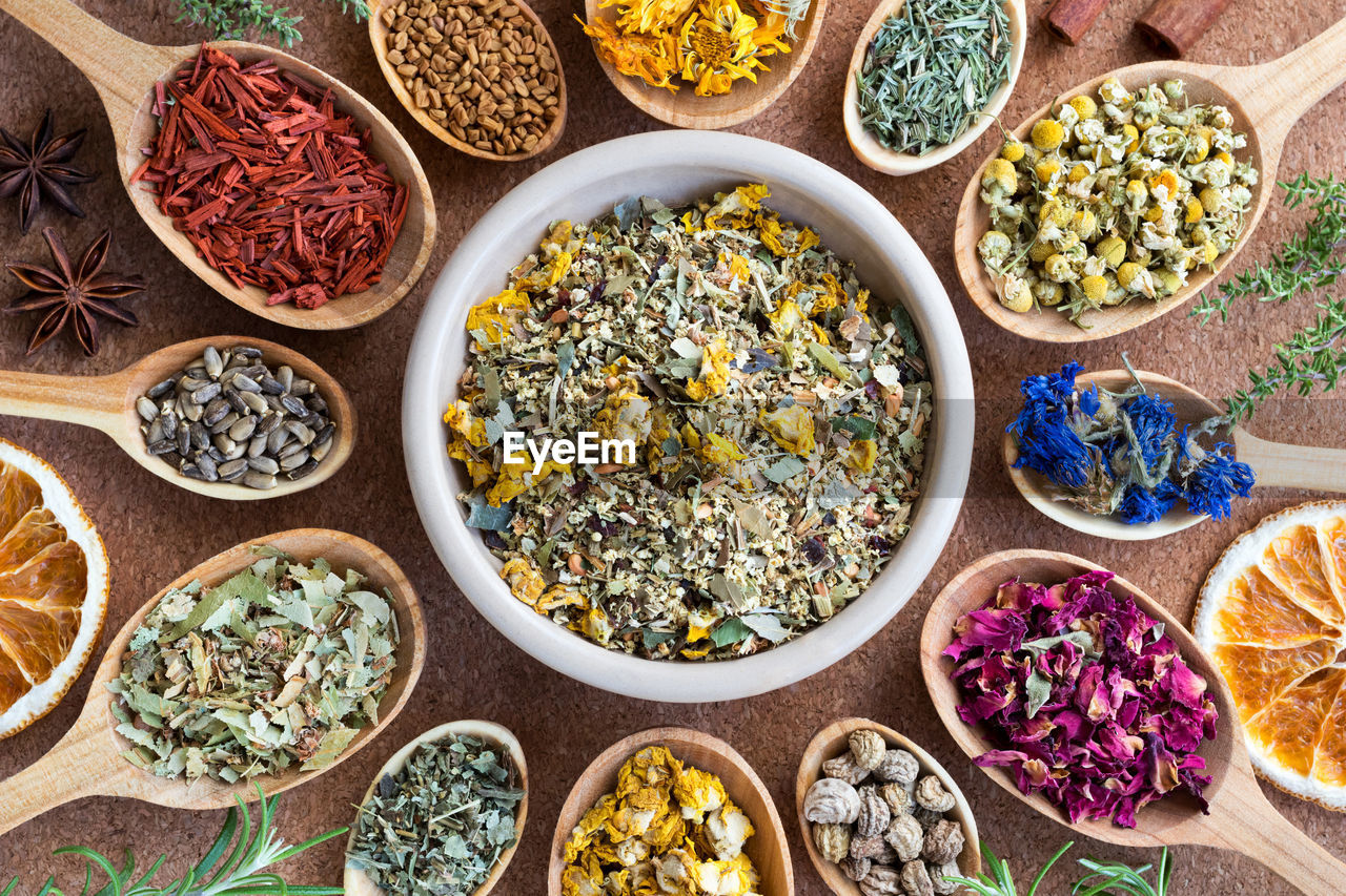 Directly above shot of dry herbs with seeds on table