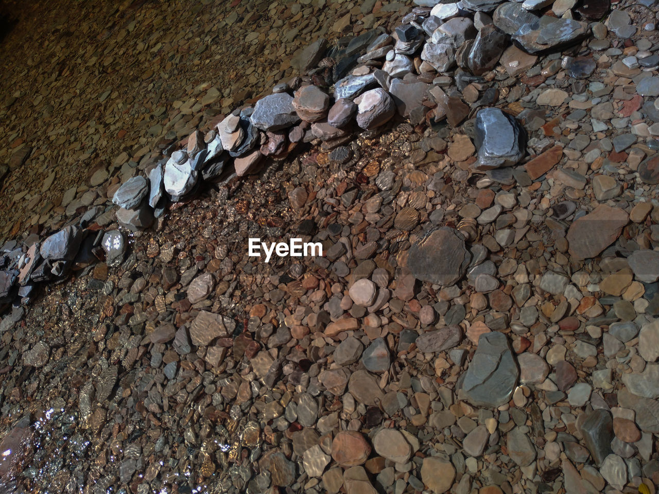 HIGH ANGLE VIEW OF STONES ON WET LAND
