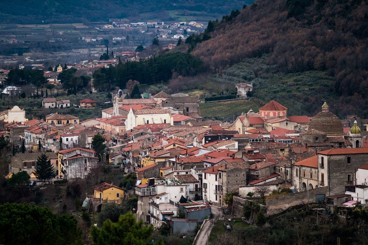 High angle view of town in city