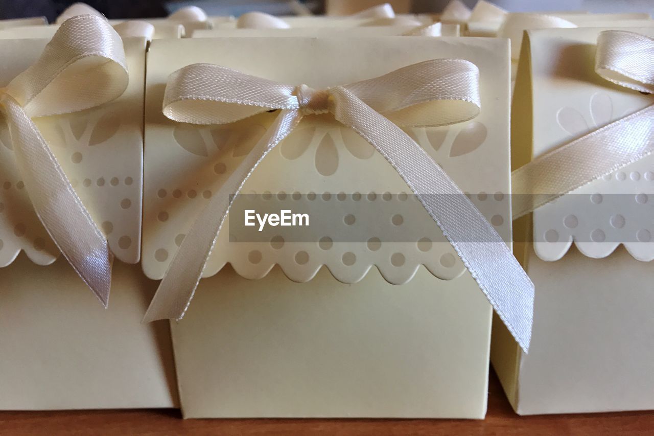 Close-up of gift boxes on table
