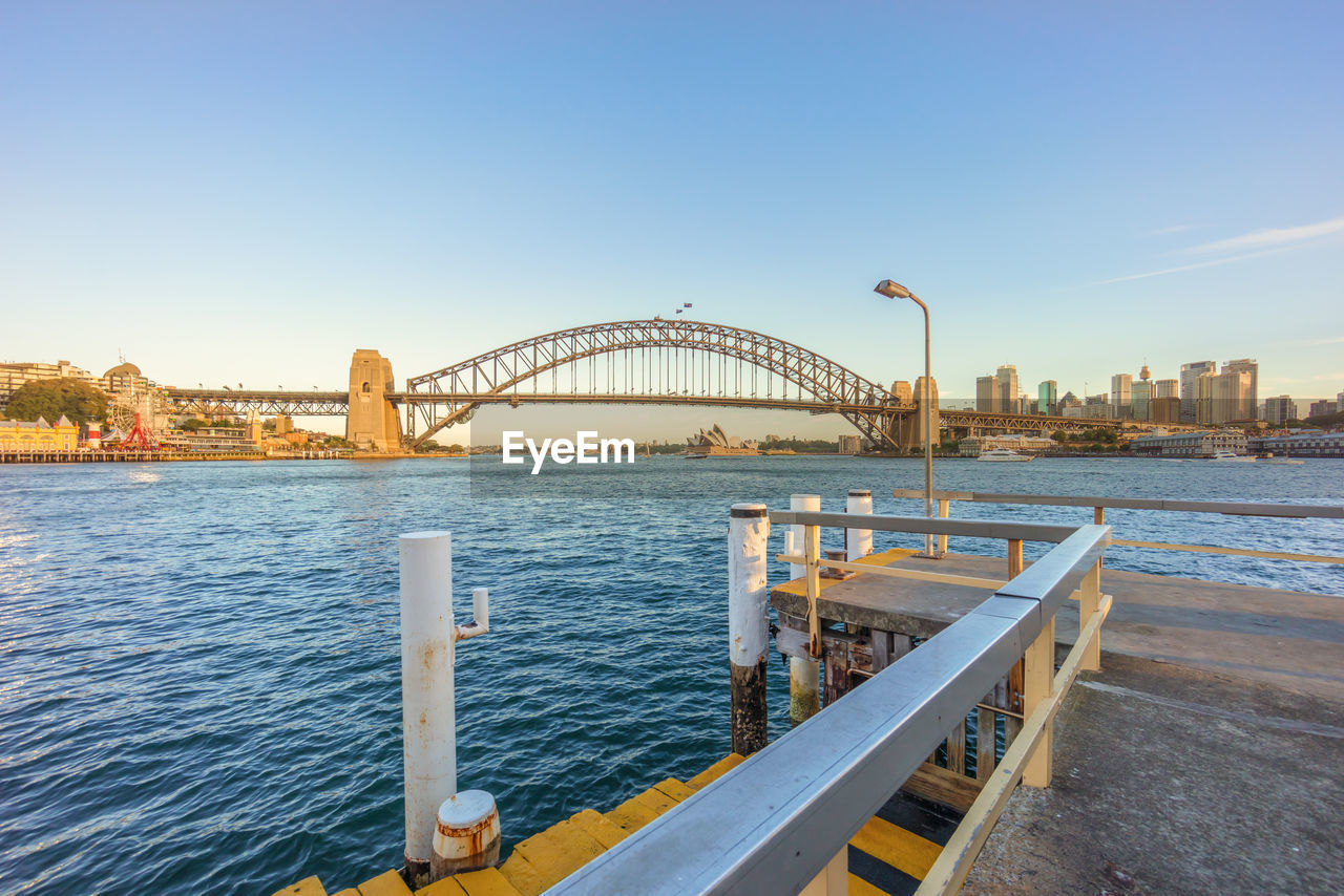 Sydney harbour bridge against blue sky seen from pier