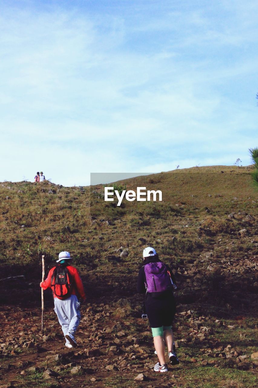 Rear view of friends walking on landscape