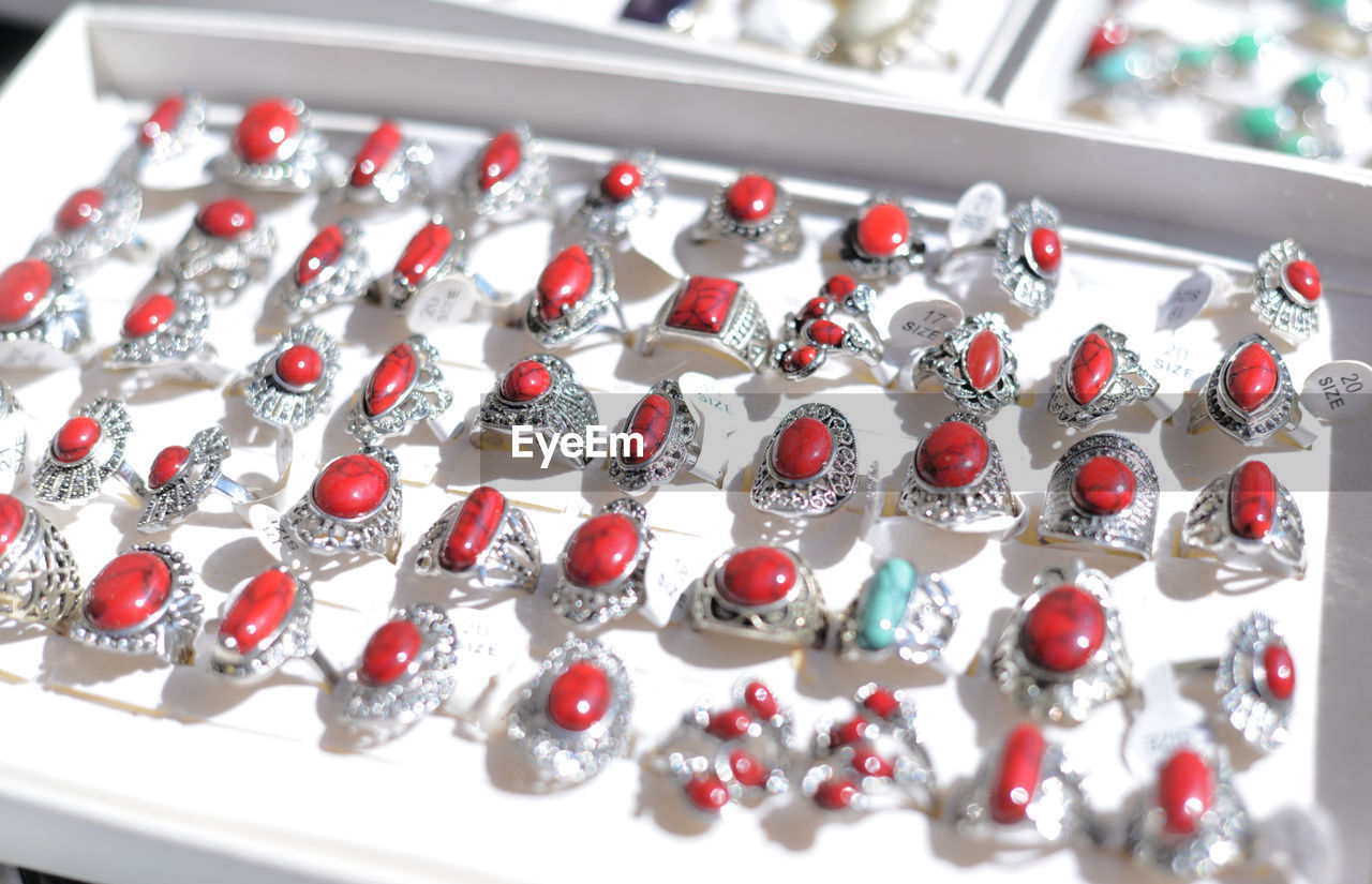 High angle view of rings for sale