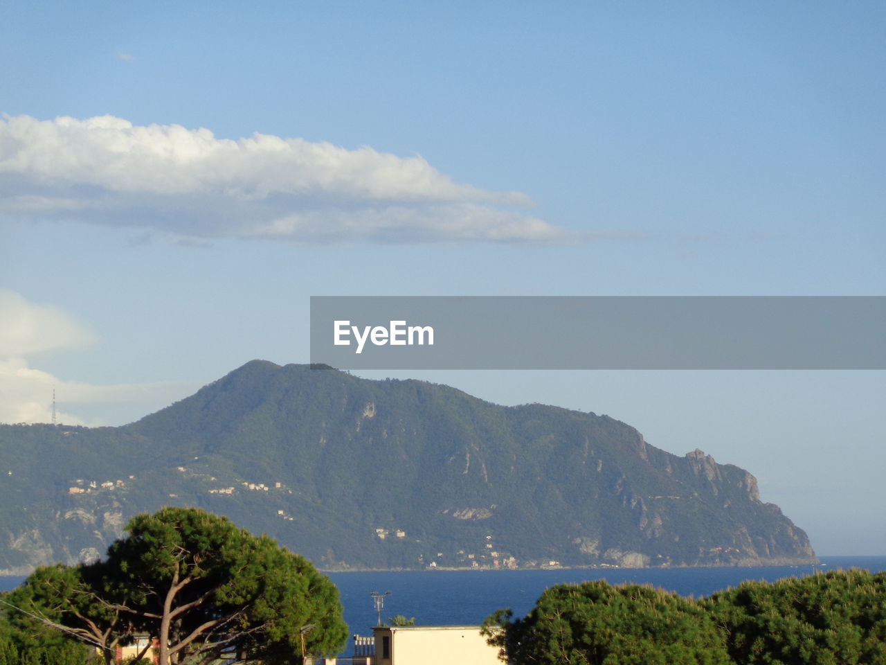 Scenic view of sea and mountains against sky