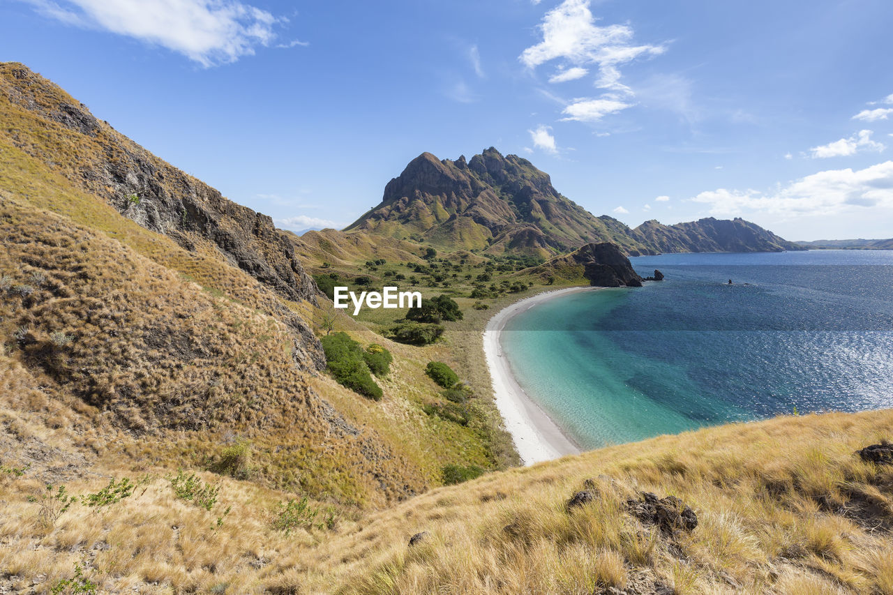 Scenic view of sea and mountains against sky