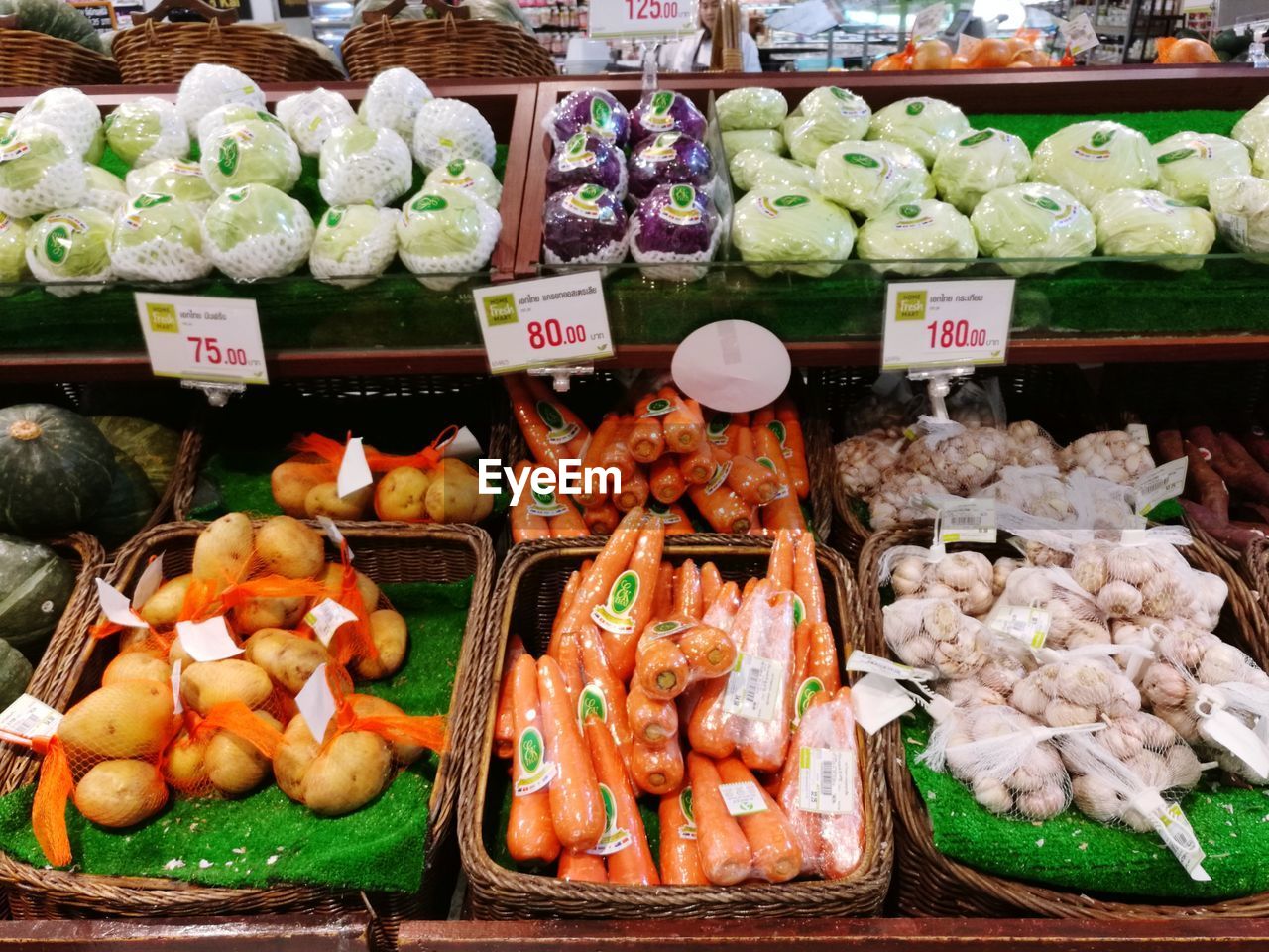 HIGH ANGLE VIEW OF VARIOUS VEGETABLES FOR SALE AT MARKET STALL