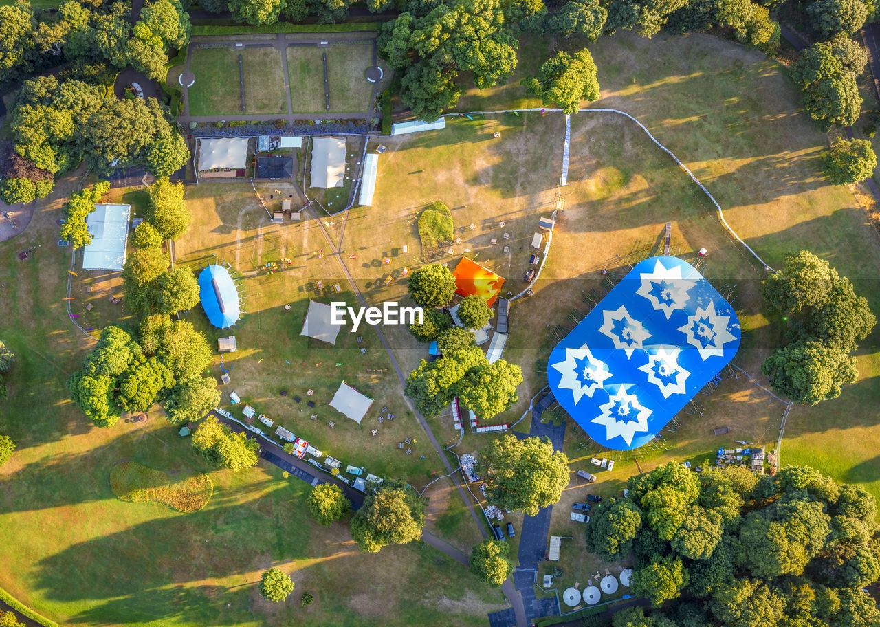 Uk, scotland, north berwick, aerial view of belhaven big top tent and surrounding festival arena