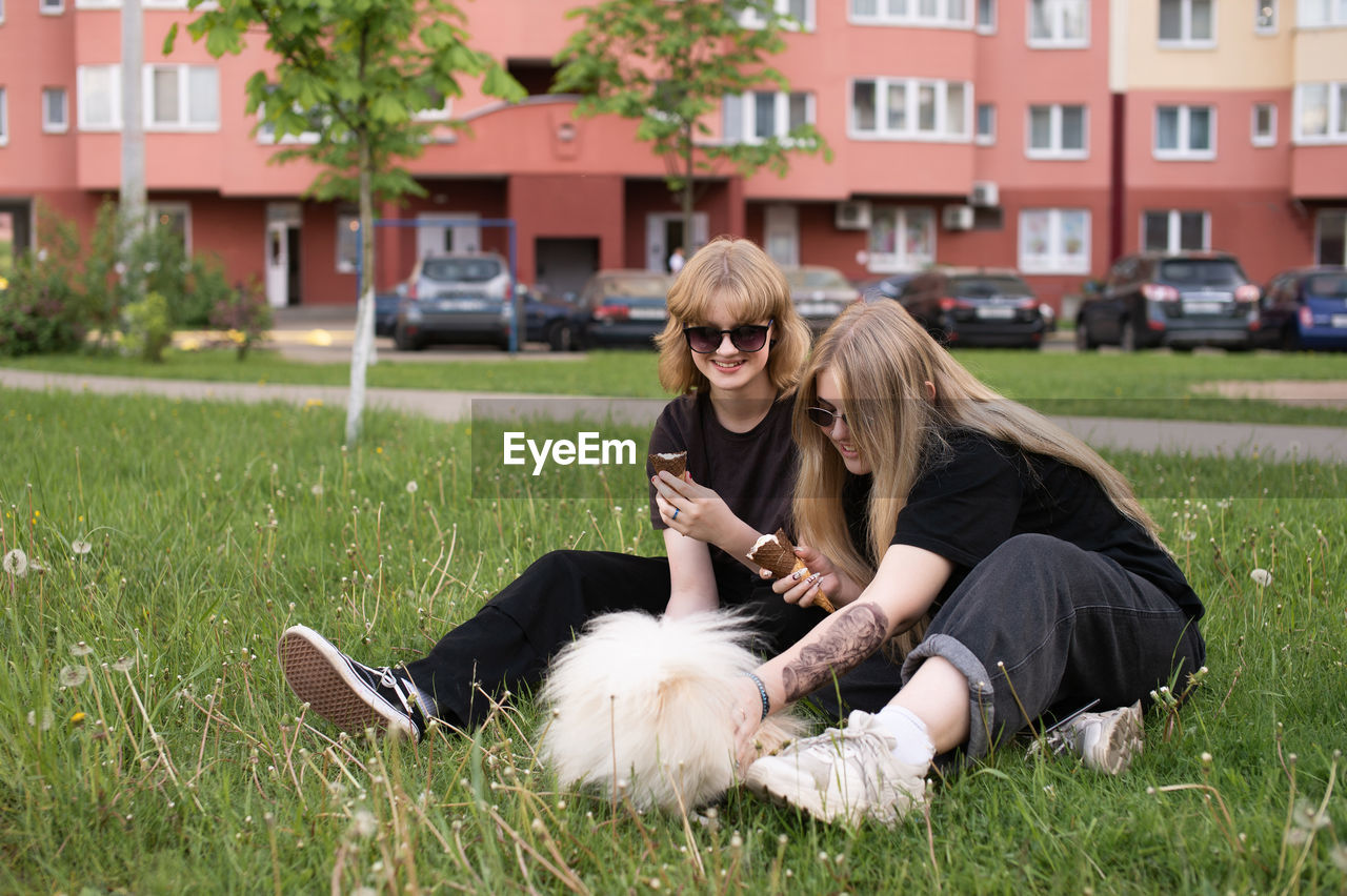 Pomeranian, white dog, two girls, eating ice cream, sitting on the grass, sunglasses, petting a dog