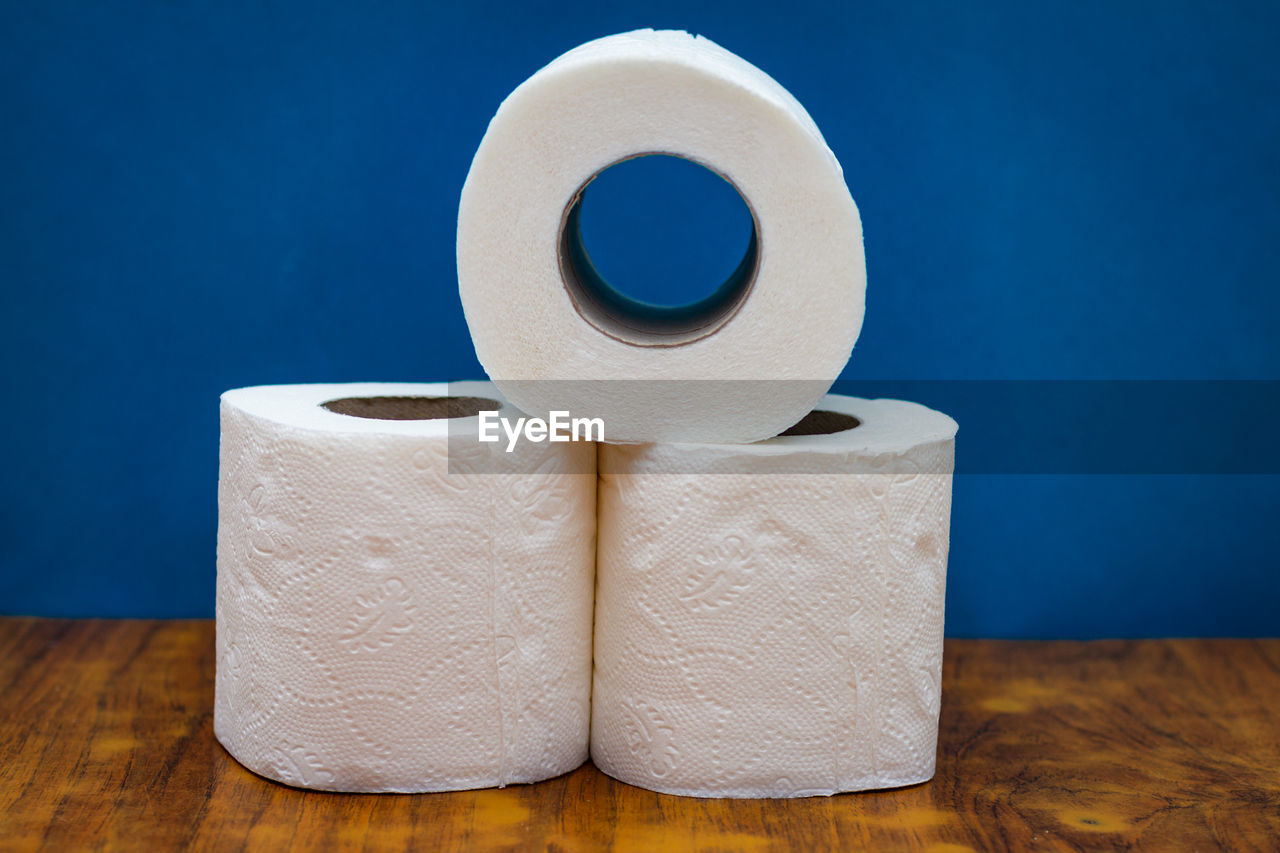 Close up view of toilet paper on table 