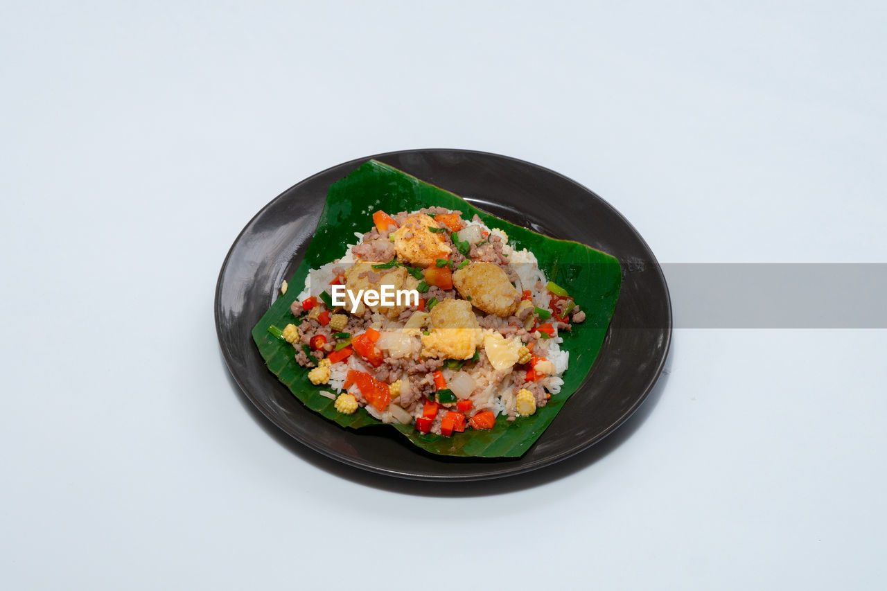 food and drink, food, healthy eating, wellbeing, vegetable, studio shot, dish, freshness, produce, meal, cuisine, indoors, fruit, white background, rice - food staple, plate, bowl, salad, asian food, no people, seafood, high angle view, green